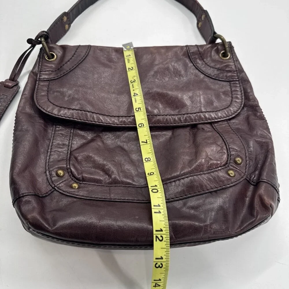 Vintage FOSSIL Leather Shoulder Messenger Bag Dark Plum Large Purse Y2K Hobnail
